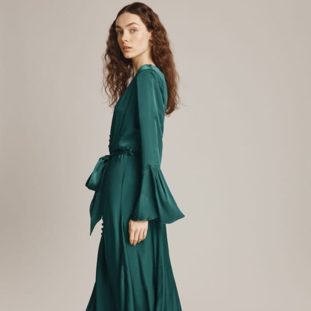 Ghost London Annabelle Satin Emerald Green Dress Bell Long Sleeve Midi XL